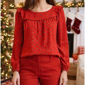 LOFT Red Patterned Long Sleeve Blouse Size M Boho Chic Top